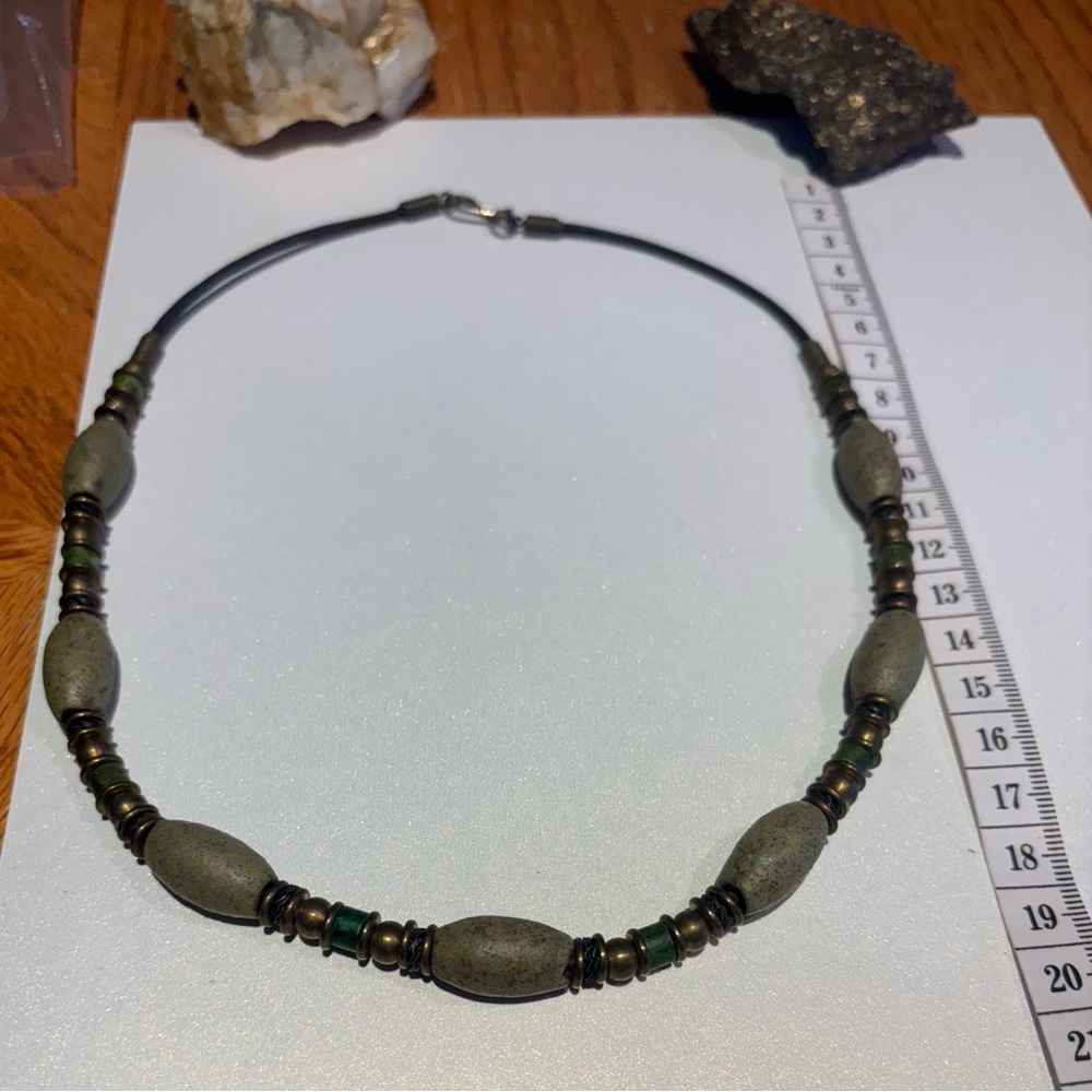 Green Beaded Fairy Necklace With Oval Ceramic and Brass Bead Accents on Leather